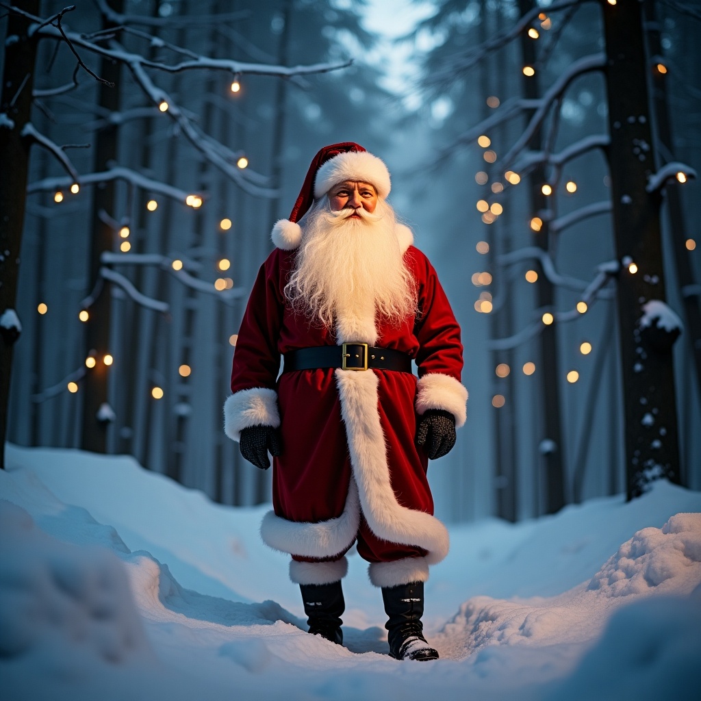 Magical Santa Claus figure standing in snow-covered forest with glowing lights. 