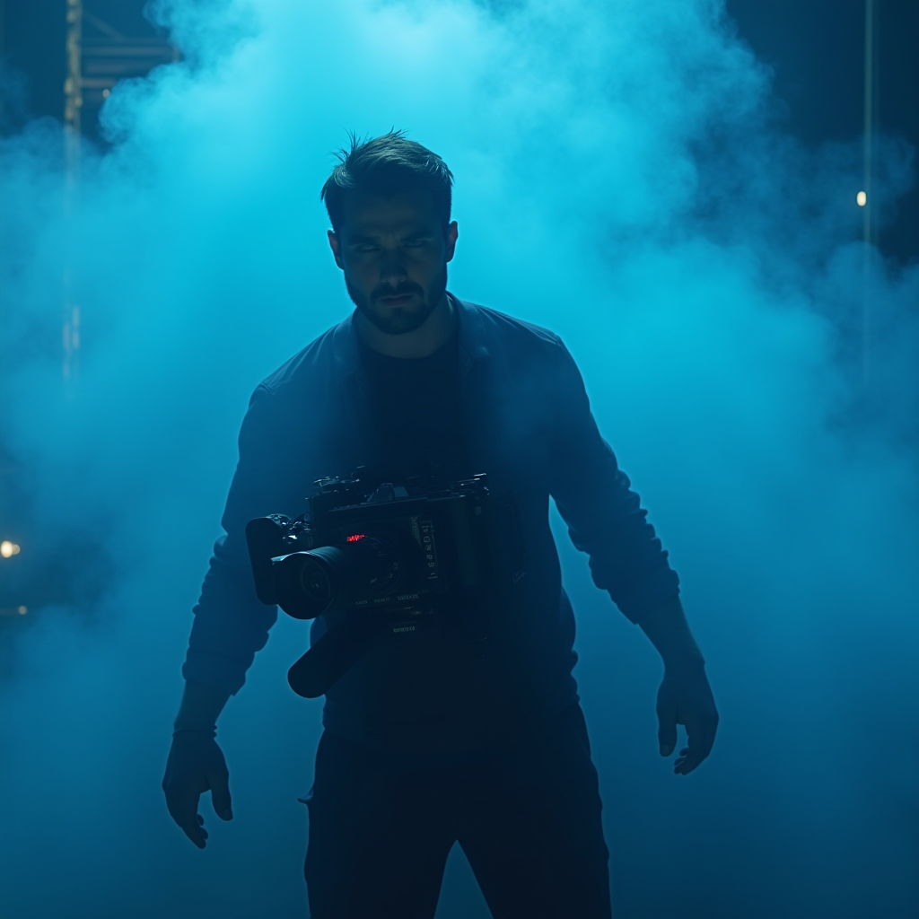 A person holds a camera amidst thick blue smoke, with dramatic lighting creating a mysterious silhouette.