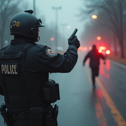 Police officer wearing tactical gear aims a firearm at a suspect. Foggy street scene with police lights in the distance. Officer appears serious and focused on the running individual. Environment looks tense and dramatic.