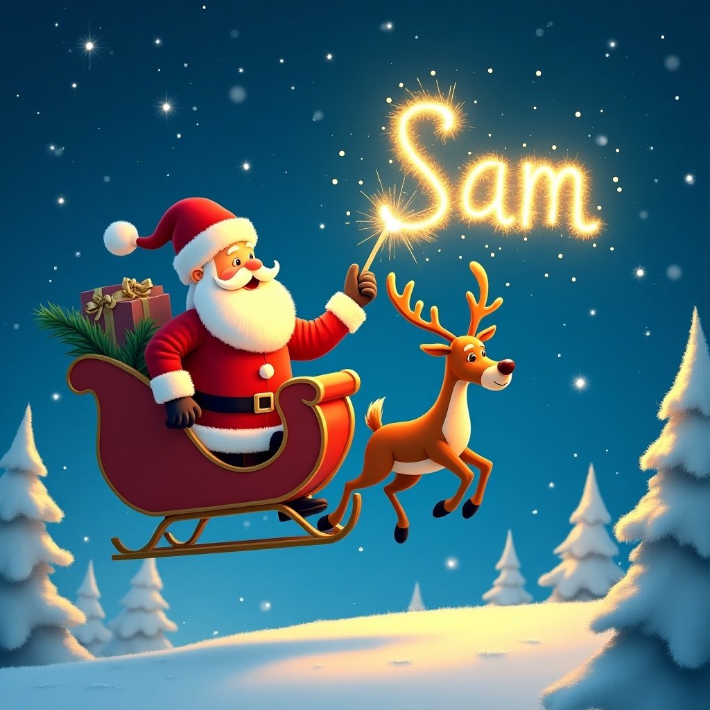 Santa Claus flying in a sleigh with a reindeer in a snowy landscape. Santa writes the name Sam in the sky with a sparkler.