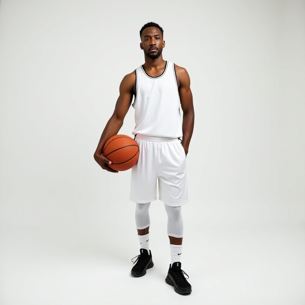 Young male athlete stands holding basketball. Dressed in white sleeveless sports outfit and black sneakers. Features include white knee sleeves and socks. Background is minimalist with neutral lighting, emphasizing athletic physique.