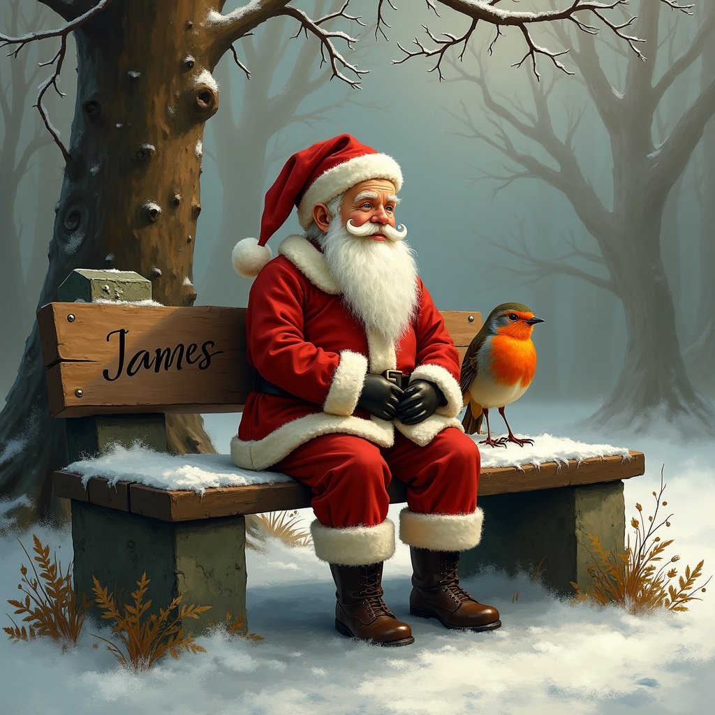 Father Christmas is seated on a bench in a snowy cemetery. A red breasted robin is perched on the bench beside him. The name 'James' is engraved on the bench. A serene winter scene surrounds them.