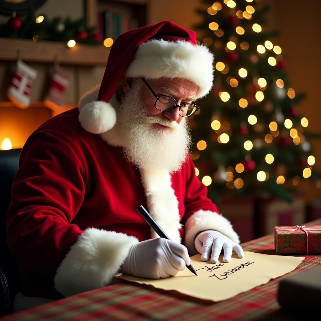 Santa Claus engages in writing on a piece of parchment. The background features a beautifully decorated Christmas tree. Warm lighting imbues the setting with a cozy holiday atmosphere.