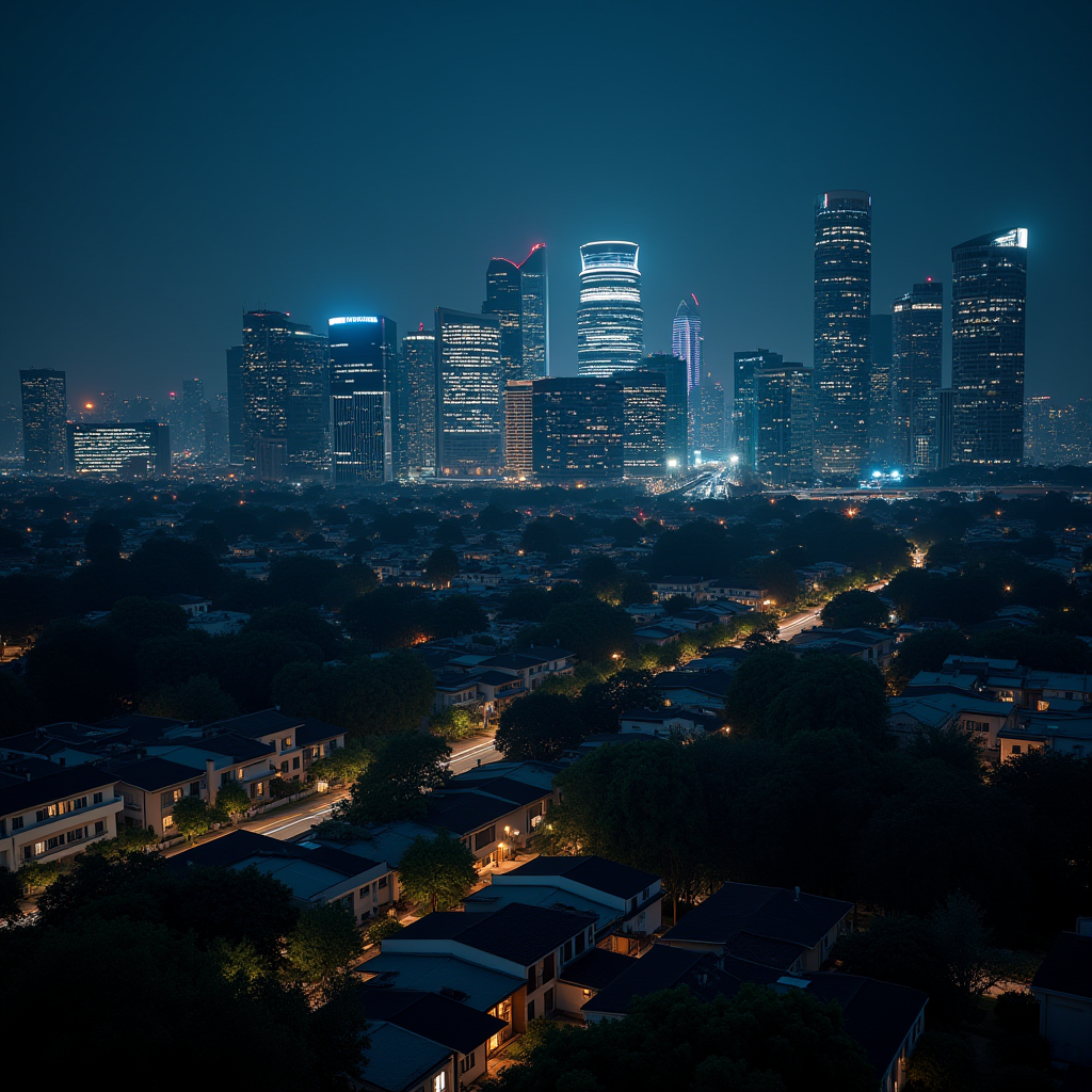 A modern city skyline is dramatically lit against the night sky, with skyscrapers casting a glow over the quiet residential area below.