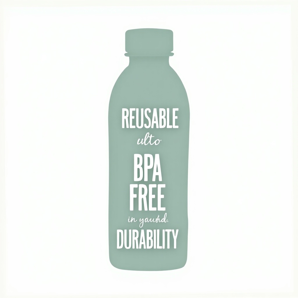 Image of a water bottle shape with text. Text includes reusable, BPA free, durability. Neat design with emphasis on eco-friendliness.