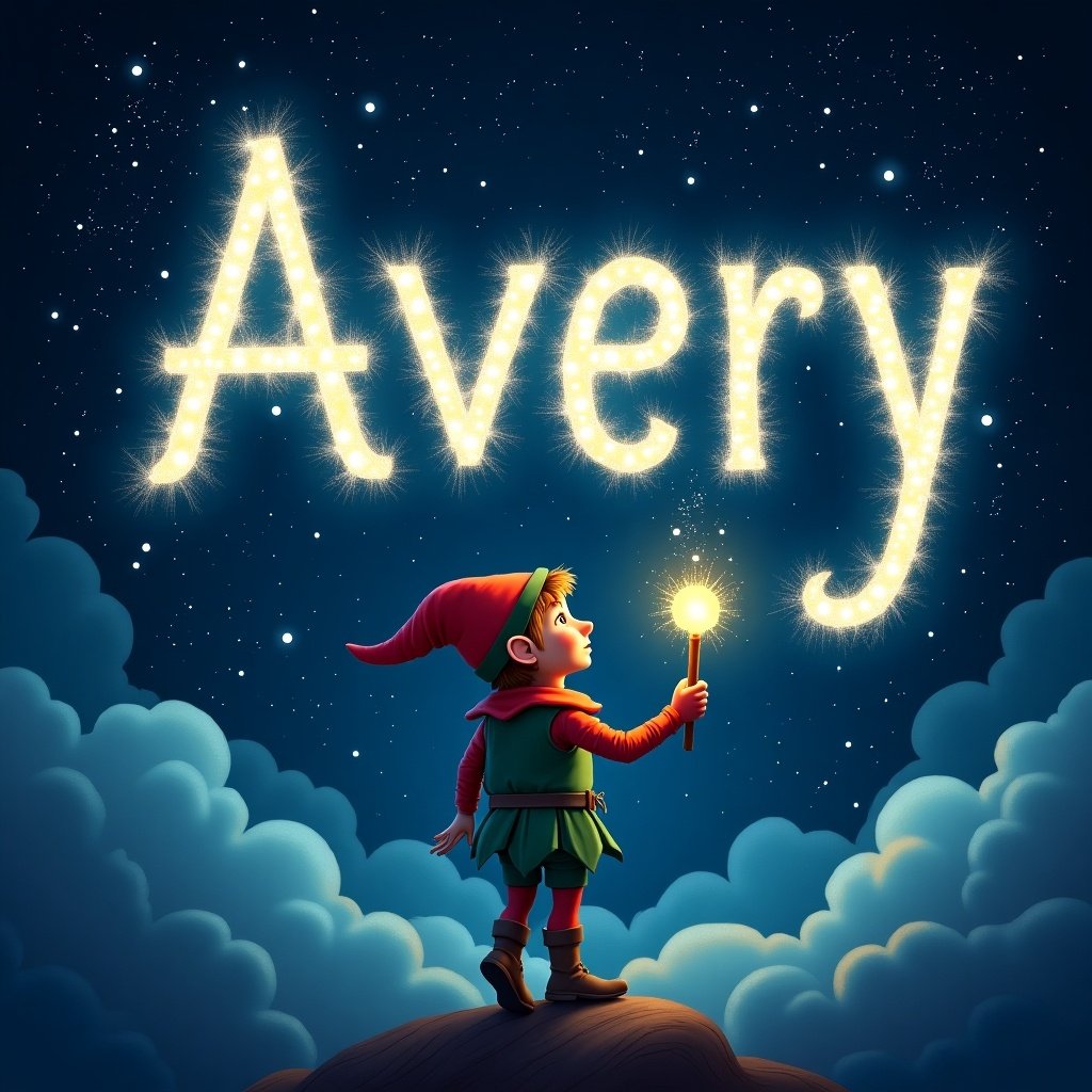 An elf writes the name Avery with a magical wand in glowing letters against a night sky. Dark clouds below emphasize the luminous text. The elf wears colorful clothing creating a whimsical feel. Stars twinkle, enhancing the magical scene.