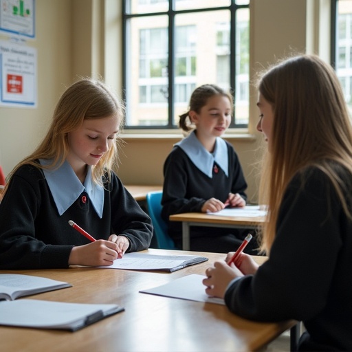 High school classroom scene with students writing in notebooks. Pupils wear school uniforms with blue collars. Natural light enters through window. Focus on writing activities and desks.