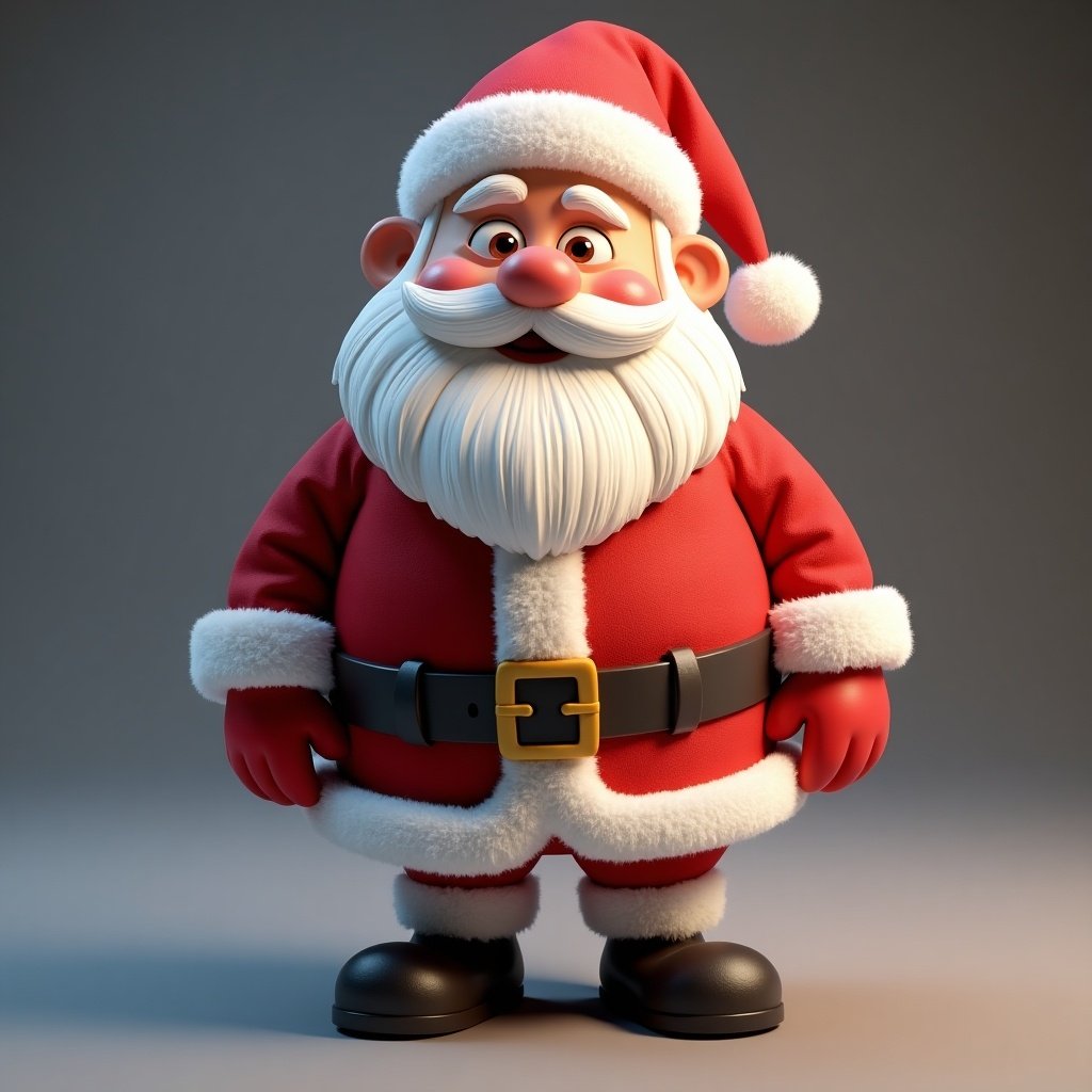 3D animated Santa Claus figure. Brightly colored festive clothing. Playful and cheerful design. Suitable for holiday-themed projects. Simple and friendly expression.