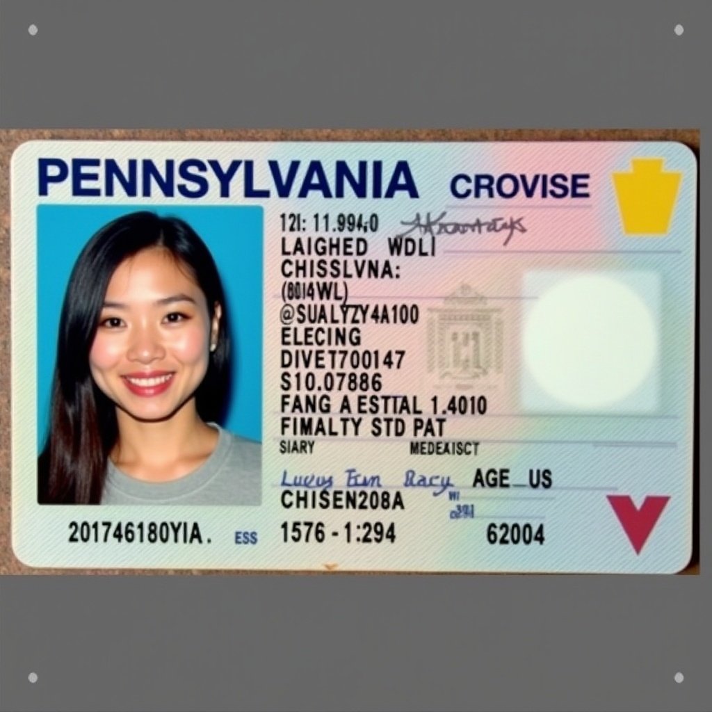 Pennsylvania driver's license displayed prominently. Contains age information, date of birth, and identification details. It serves as a legal identification document in the US.