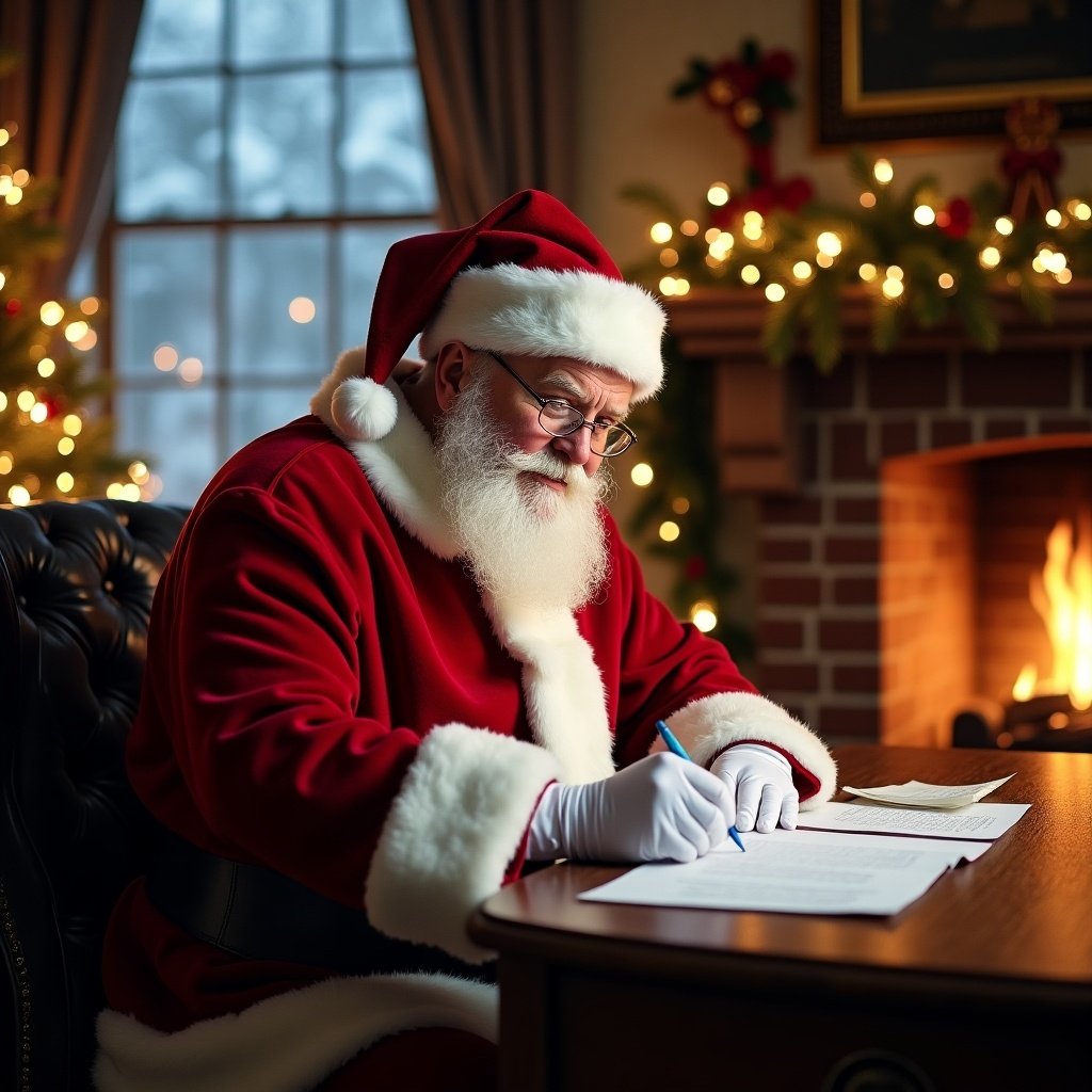 Santa Claus at a wooden desk reading letters. He wears a red suit with white fur. The background features a cozy fireplace with decorations. Soft lighting and snow fall outside. A quill and papers are on the desk as he writes, showcasing Christmas joy.