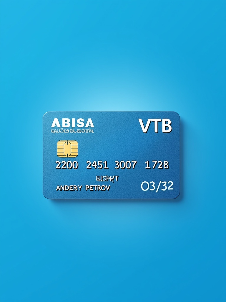 Realistic image of a credit card features МИР logo and Russian Bank VTB. Card number 2200 2451 3007 1728 is visible. Name ANDREY PETROV is presented clearly. Expiry date 03/32 is displayed. Blue background enhances clean appearance.