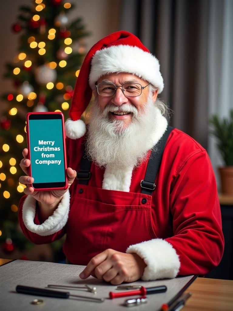 Santa Claus is a cheerful mobile repair technician. Santa wears red overalls and a hat. He holds a red smartphone displaying a Christmas greeting. Tools like screwdrivers are on a repair mat. A decorated Christmas tree is in the background creating a joyful atmosphere. The scene promotes mobile repair services during the holiday season.