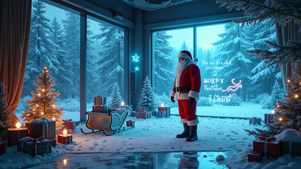 Cinematic image showcases Santa Claus in high-tech room. Holographic designs add modern touch. Openings reveal snowy woods and sky. Sleigh with reindeer parked. Wide shot with Santa surrounded by glowing models and festive messages.