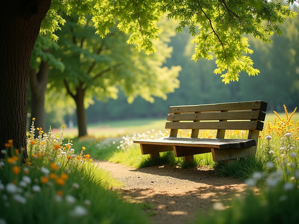 This image captures a serene park setting featuring a rustic wooden bench. The bench is placed on a path flanked by vibrant flowers and lush greenery. Sunlight filters through the leaves, creating a tranquil and inviting atmosphere. The scene evokes a sense of calmness and offers a perfect spot for relaxation. It invites viewers to imagine enjoying a peaceful moment in nature.