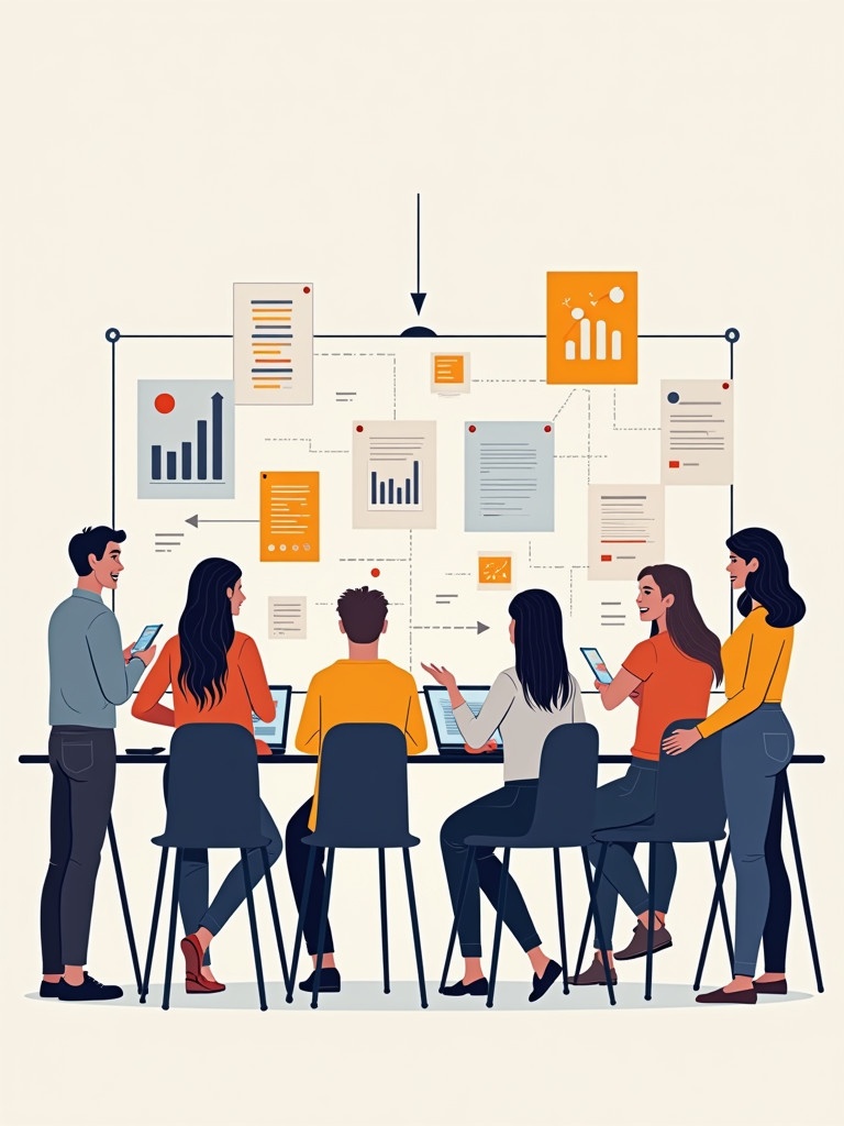 Illustration of several people seated at a table using laptops. Papers and charts displayed on the wall. Design thinking theme illustrated with bold outlines. Showcases a group actively engaged in a collaborative environment. Bright colors and a modern workspace aesthetic.