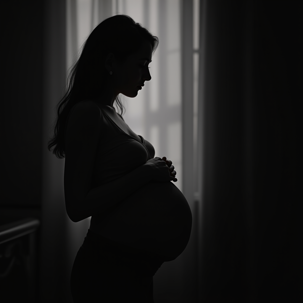 A silhouette of a pregnant woman standing near a window, holding her belly.