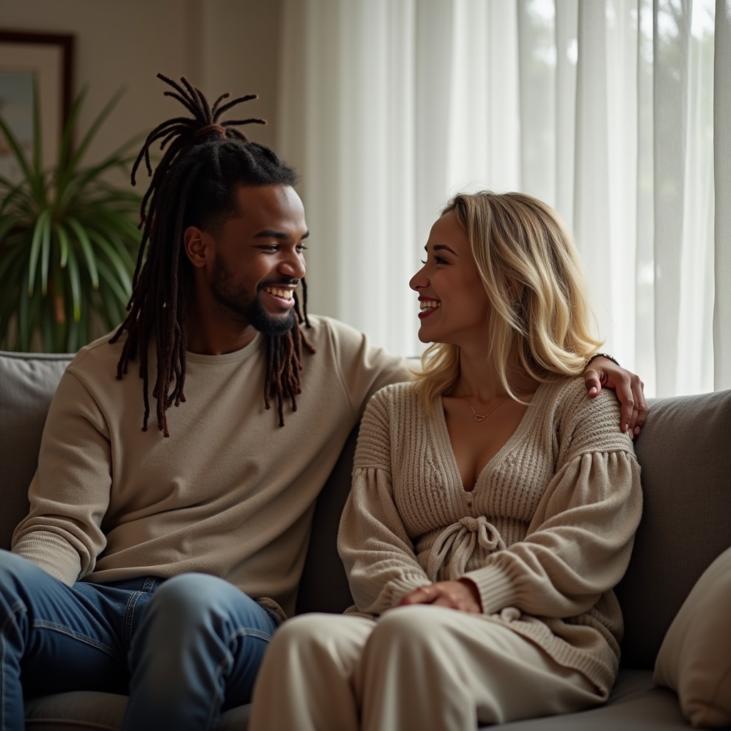 Tall person with dreads sits on a grey couch in a cozy living room with a blonde woman. Natural light fills the room creating a warm atmosphere.