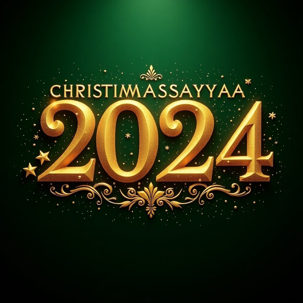 Richly embellished golden letters spell 'CHRISTMASSAAYYAA 2024'. Detailed designs surround the text. Dark green background with glowing particle effects enhances the festive theme.