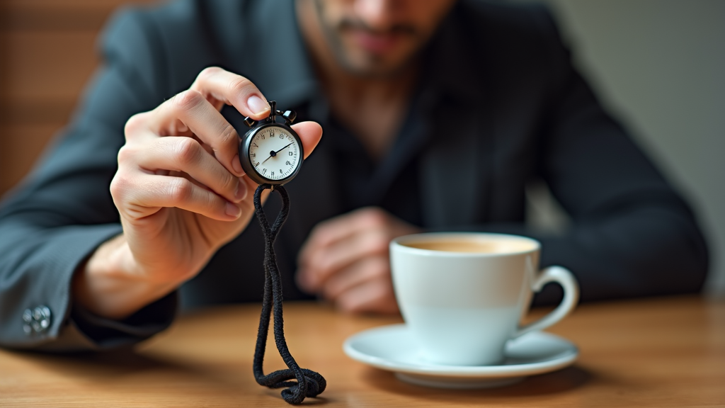 A person holds a stopwatch next to a cup of coffee on a table.