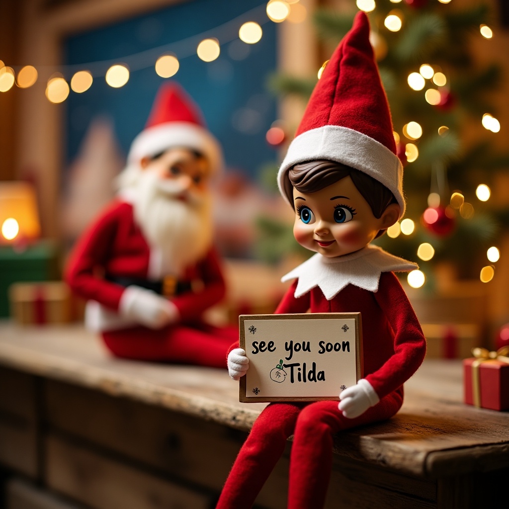 A cheerful female elf on the shelf is holding a sign that says 'see you soon, Tilda'. She has bright, expressive eyes and is dressed in festive red and white attire. In the background, there is a jolly Santa Claus figure seated, adding a magical Christmas vibe. The setting is decorated with twinkling lights and a Christmas tree, enhancing the warm and inviting atmosphere. This image captures the essence of the holiday spirit, making it perfect for various festive applications.