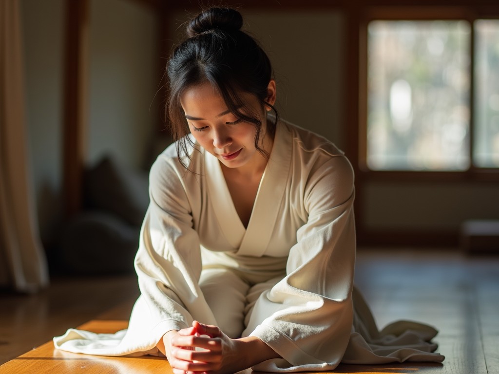 A woman dressed in traditional attire is captured in a peaceful and contemplative position. She is kneeling on the wooden floor of a sunlit room, with soft natural light filtering through large windows in the background. Her expression conveys tranquility and introspection, enhancing the serene atmosphere of the setting.