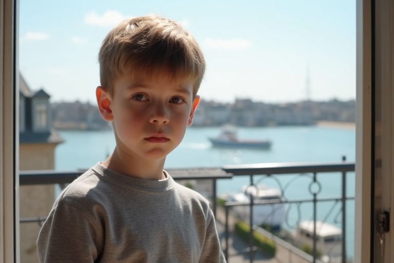 Young boy with light brown hair. He wears a gray sweatshirt and appears shy. A sunny French harbor view is visible from the balcony behind him.