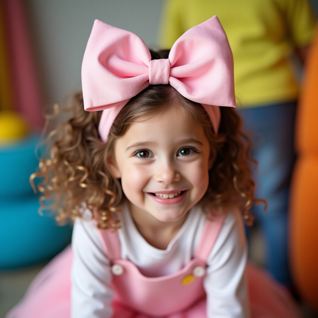 A young girl with curly hair is wearing a large pink bow on her head. She is smiling brightly while sitting in a vibrant and playful environment. The background features various colorful elements that create a cheerful atmosphere. Her outfit includes a pink dress with straps and a white top. The lighting in the scene is bright, enhancing her joyful expression and the playful colors around her.