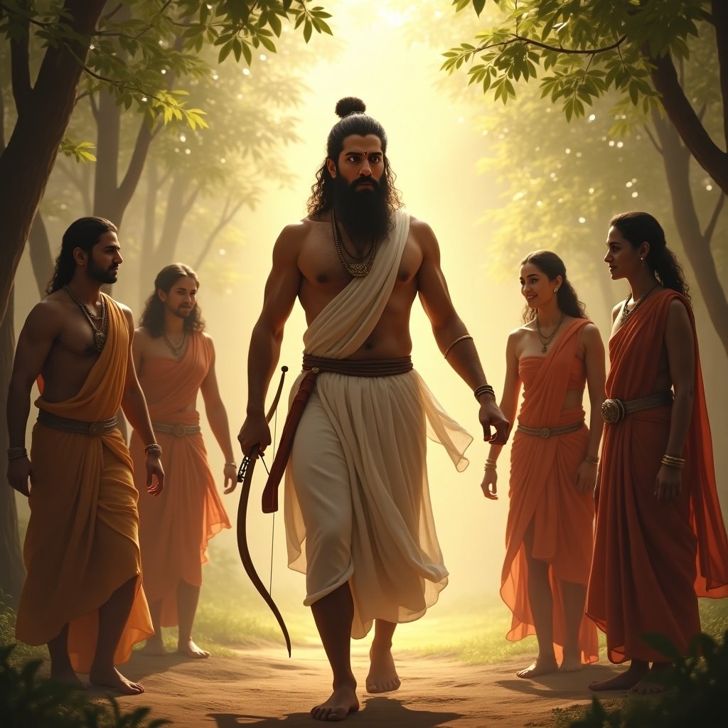 Arjuna stands tall in a regal dhoti surrounded by light after incognito exile. Gandiva bow beside him symbolizes warrior return. A tranquil forest clearing is illuminated by sunlight. Faces of the Pandavas and Draupadi express joy and relief.