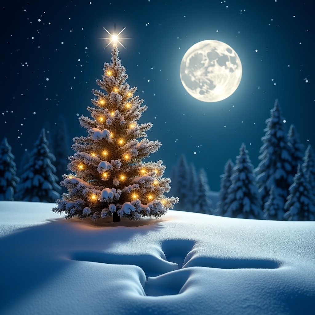 A snowy winter scene. A Christmas tree lit up with sparkling lights. A bright star on top. A large moon in the background casts the shadow of a cross.