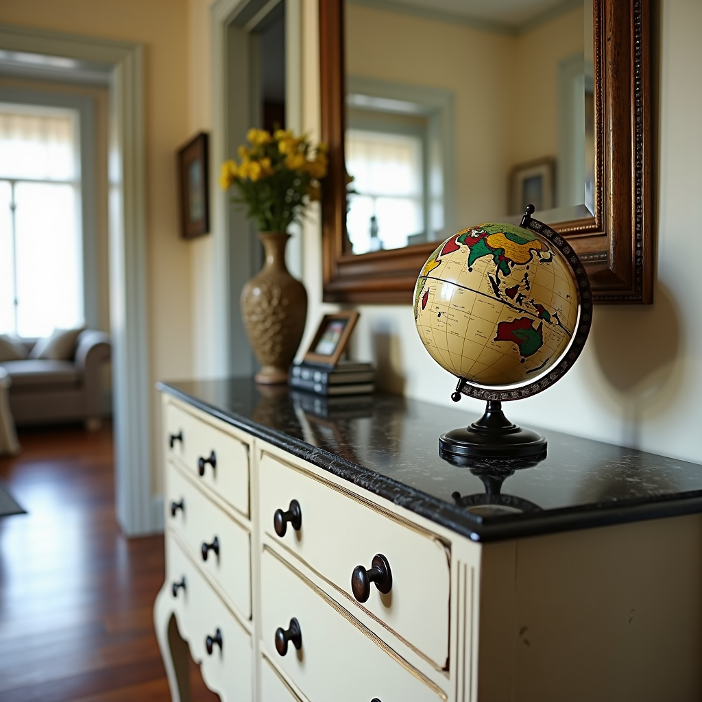 A vintage-style hallway features a classic globe on a marble-topped dresser, complemented by a vase of yellow flowers and a mirror reflecting the cozy interior.