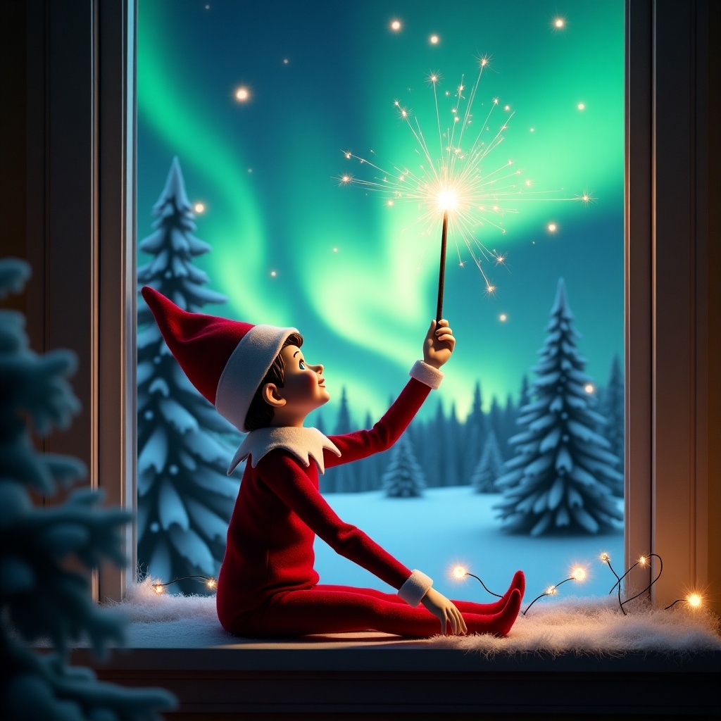 The image depicts an elf on the shelf sitting on a windowsill, with his back to the viewer. He gazes up at the sky, using a wand to create magical sparks. The background is a captivating Christmas scene featuring vibrant northern lights. Surrounding the elf are snow-covered pine trees, enhancing the holiday atmosphere. His outfit is festive, characterized by a bright red color with fluffy white trim, embodying the true spirit of Christmas.