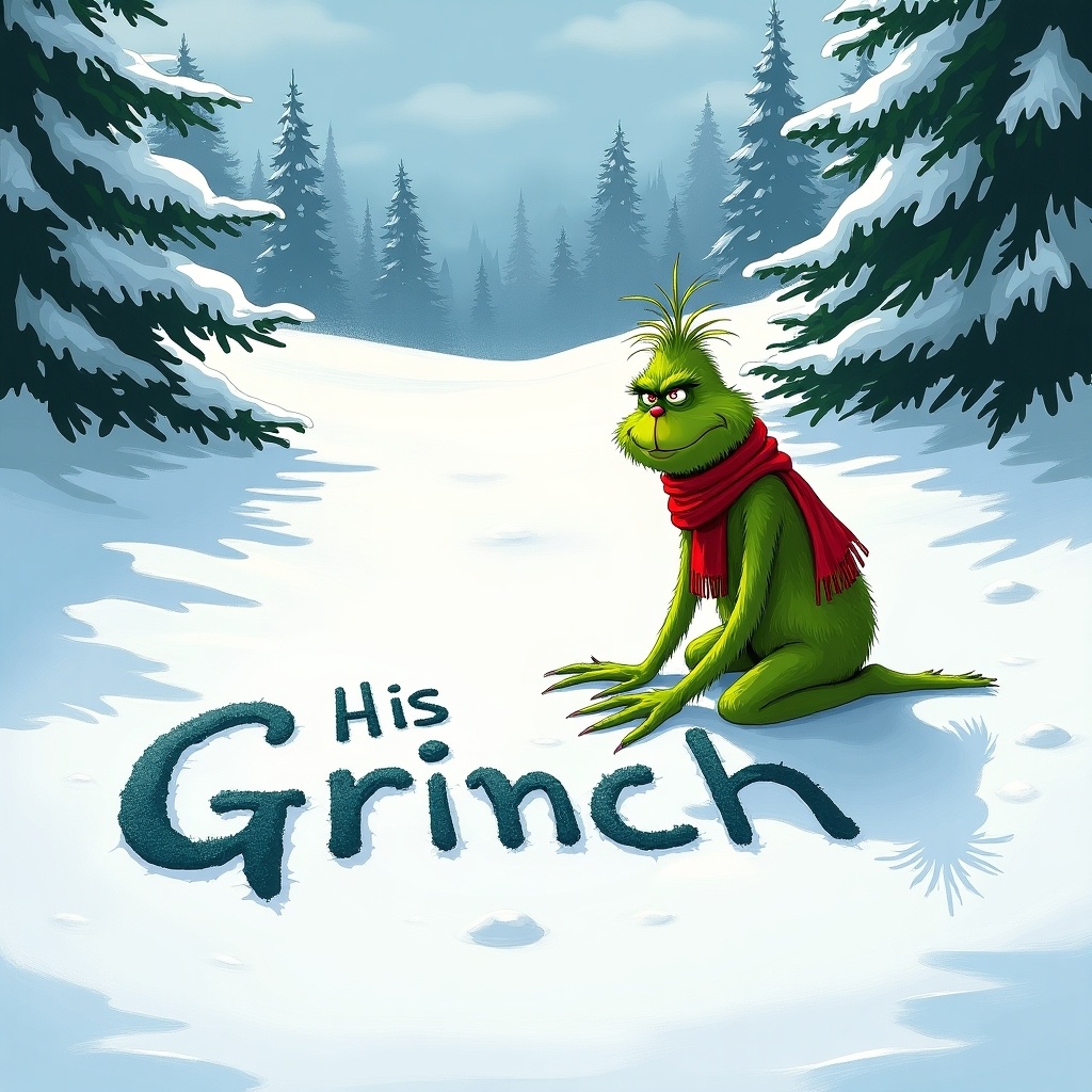 Grinch writes name in snow. Snow-covered hills and evergreen trees surround. Grinch is green wearing red scarf.