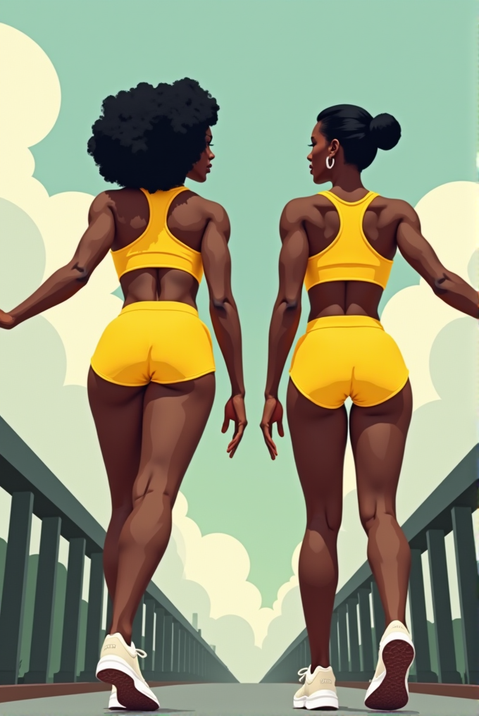 Two women in yellow athletic wear walk confidently on a bridge under a clear sky.