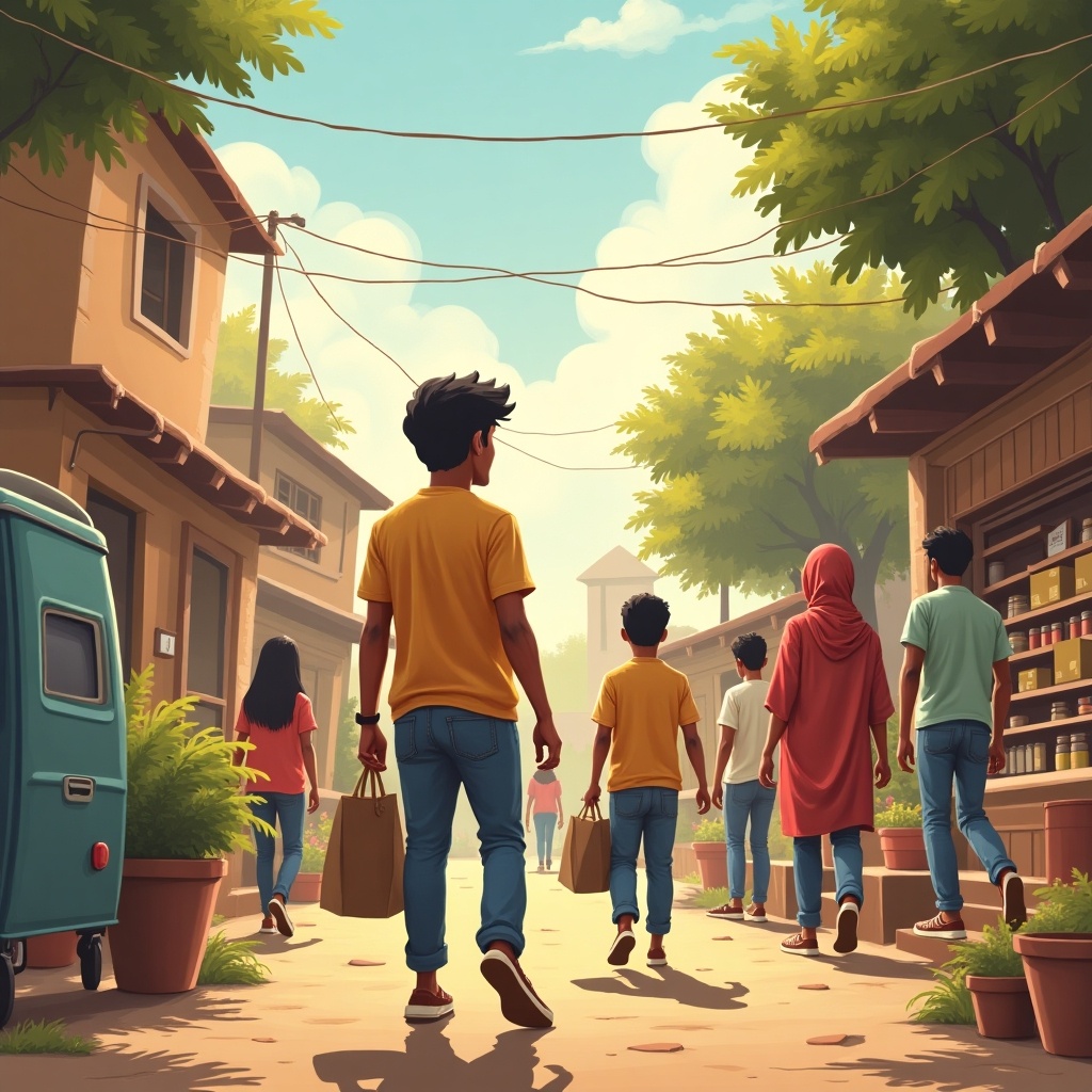 Scene depicting a group of people walking down a sunny market street. Young adults carrying shopping bags. Lush greenery surrounding the area. A sense of community and entrepreneurial spirit.