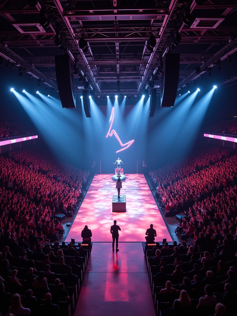 Travis Scott performing at Madison Square Garden. Concert features a unique 360 stage design. View captured from a drone perspective. Excited audience fills the space around the stage. Bright lights illuminate the performance area. Unique T stage runway setup adds to the visual impact.