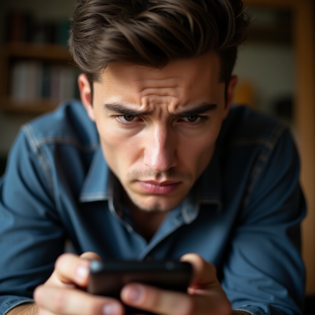 A young man holds a smartphone. He shows a focused expression. His brow is furrowed. Soft natural lighting highlights his features. Scene conveys realism and immediacy.