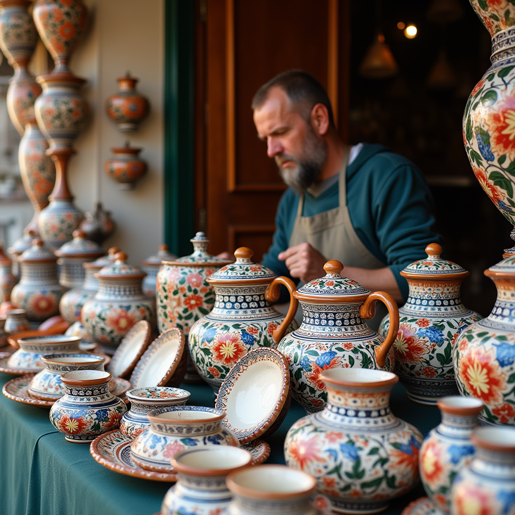 A craftsman arranges intricately painted ceramic pots and dishes at his market stall.