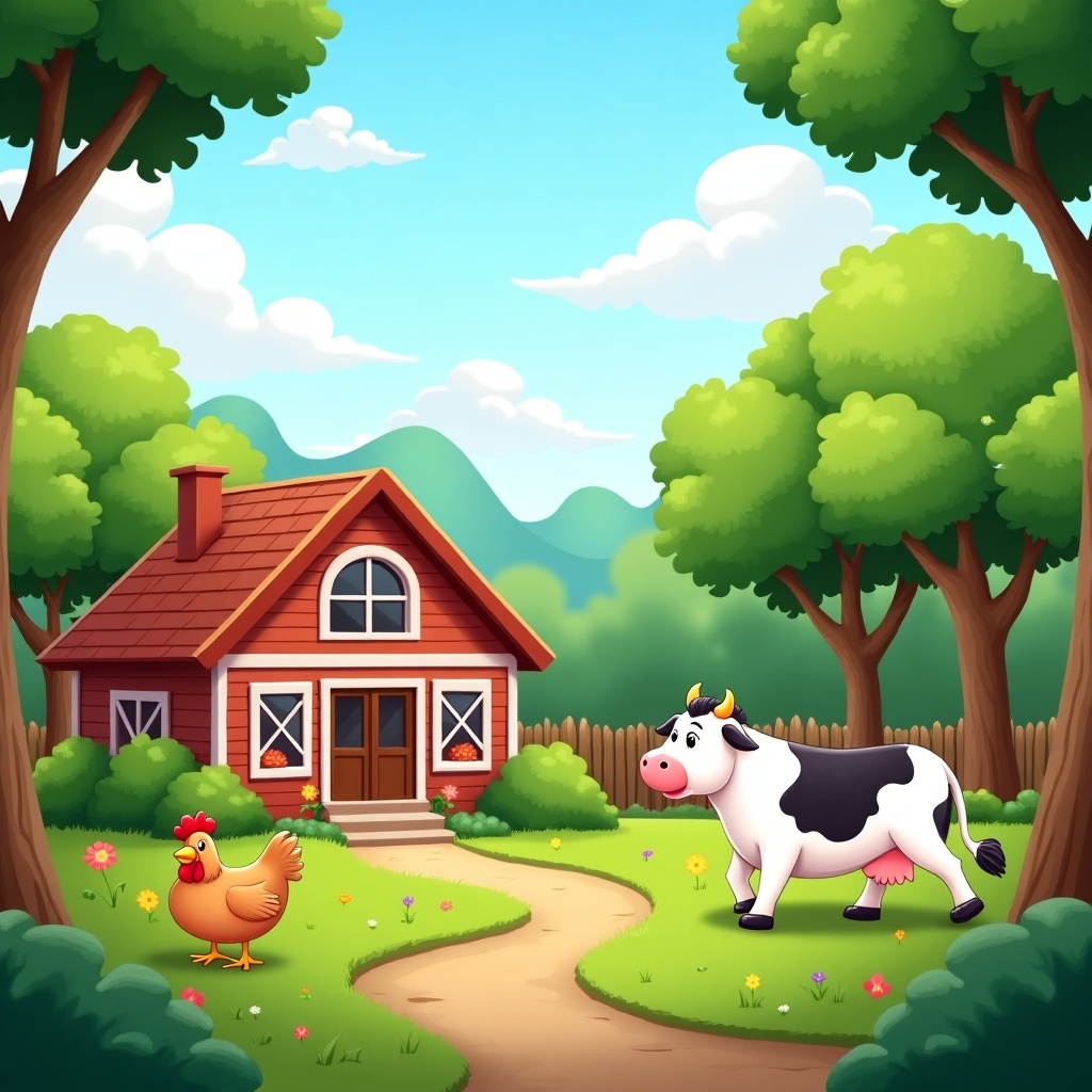 A cartoon-style farm scene is depicted, showcasing a charming house surrounded by vibrant green trees. In the backyard, friendly animals like a chicken and a cow add liveliness to the setting. The sky above is clear and blue, dotted with fluffy white clouds that enhance the cheerful ambiance. The layout encourages viewers to embrace the beauty of nature. Overall, the atmosphere is inviting and playful, perfect for children’s content.