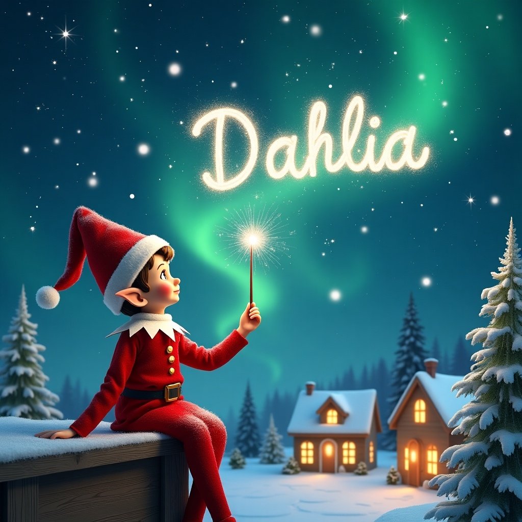 An elf sits on a wooden ledge. Elf gazes up at a magical sky filled with stars and the Northern Lights. Elf dressed in a red outfit with a pointed hat holds a sparkling wand. Elf writes 'Dahlia' in the starry sky. The writing is sparkly and magical looking. Scene has a whimsical feeling. In the background, there are charming little houses and evergreen trees blanketed in snow. There are dahlia flowers in the background. Image evokes feelings of joy and wonder. Perfect for Christmas themes.