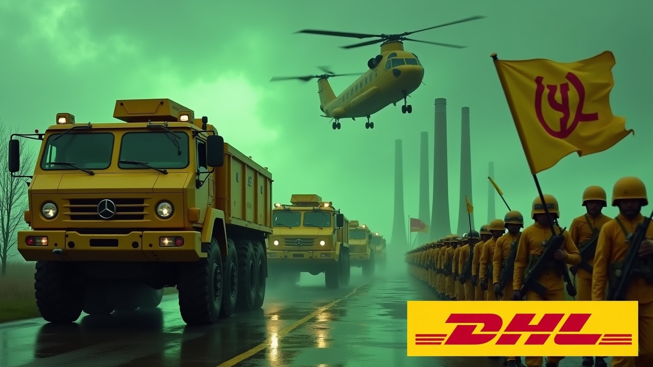 In a dramatic scene, several large yellow armored trucks drive towards a road checkpoint. The trucks have double-barrel cannons mounted on top and prominently display the DHL logo. Nearby soldiers in yellow uniforms march in unison, with one holding a DHL flag. In the background, the smokestacks of a nuclear power plant glow ominously green. Above, a Chinook CH-47 helicopter flies, enhancing the scene's intensity. At the bottom, the DHL logo is displayed in bold yellow text.