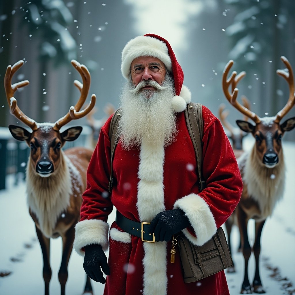 Realistic depiction of Santa Claus standing in the snow with his reindeer displayed prominently. Winter forest surroundings enhance the holiday spirit.