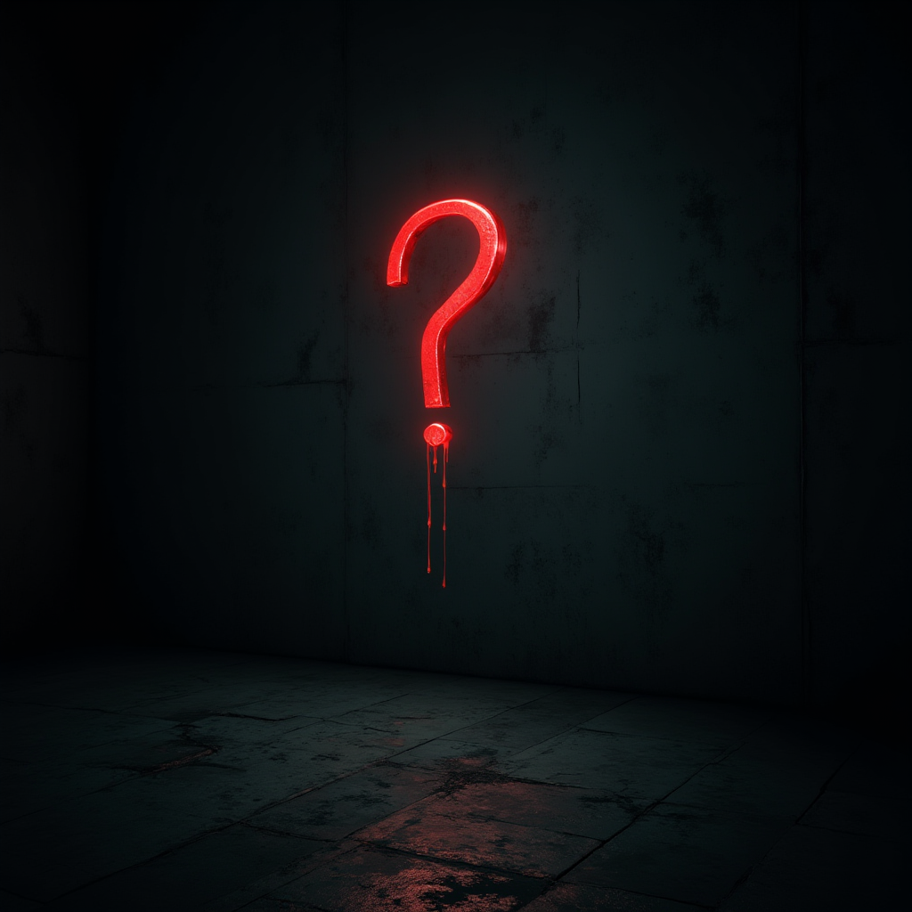 The image features a dark, dimly lit room with a question mark illuminated in a vivid, glowing red on the wall. The question mark appears to be made of neon or a similar luminescent material, and it drips paint or liquid, suggesting an artistic or mysterious theme. The stark contrast between the bright red and the shadowy room enhances the enigmatic atmosphere, creating a sense of intrigue and curiosity. The floor appears to be made of stone tiles, adding to the ominous and introspective mood of the scene.