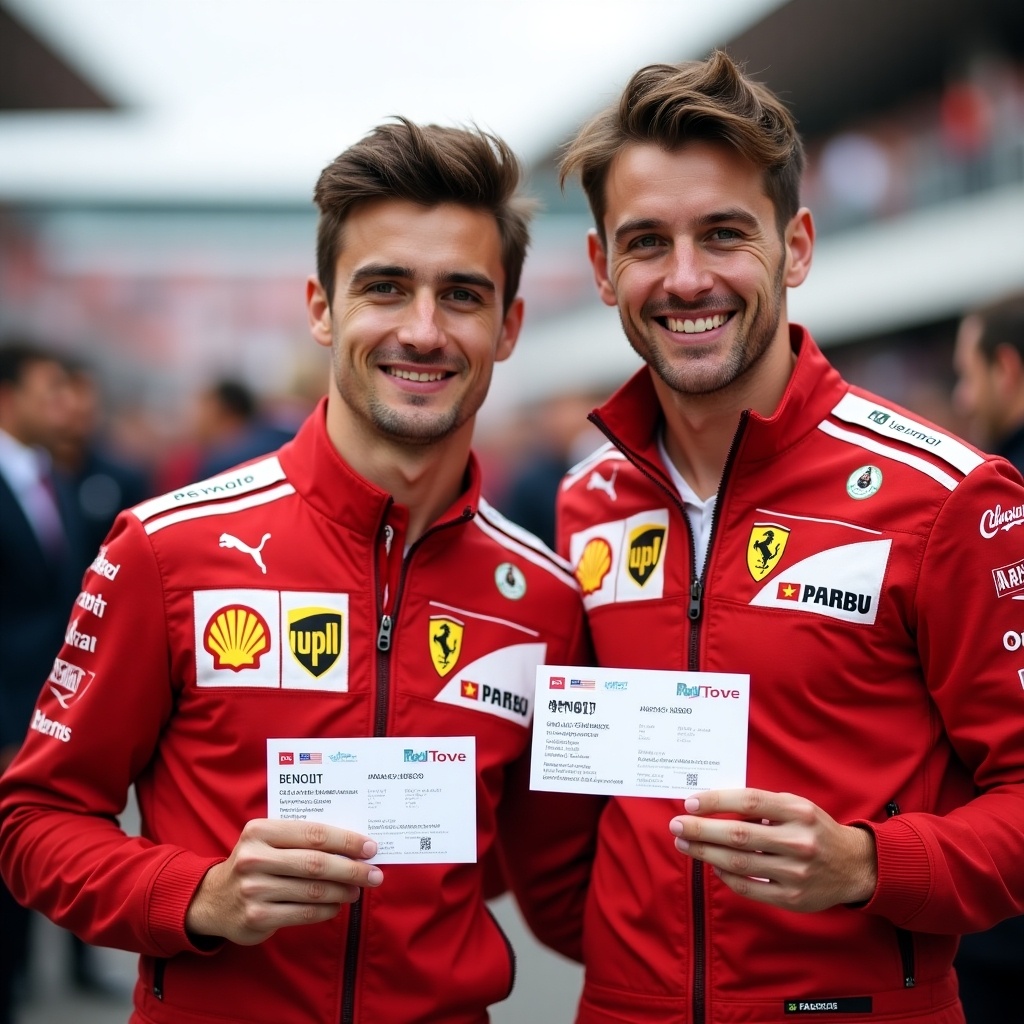 Two men wearing matching red Ferrari jackets. They are holding tickets for a Formula 1 Grand Prix event. The tickets are addressed to someone named Benoit for his birthday. The background includes a blurred crowd.