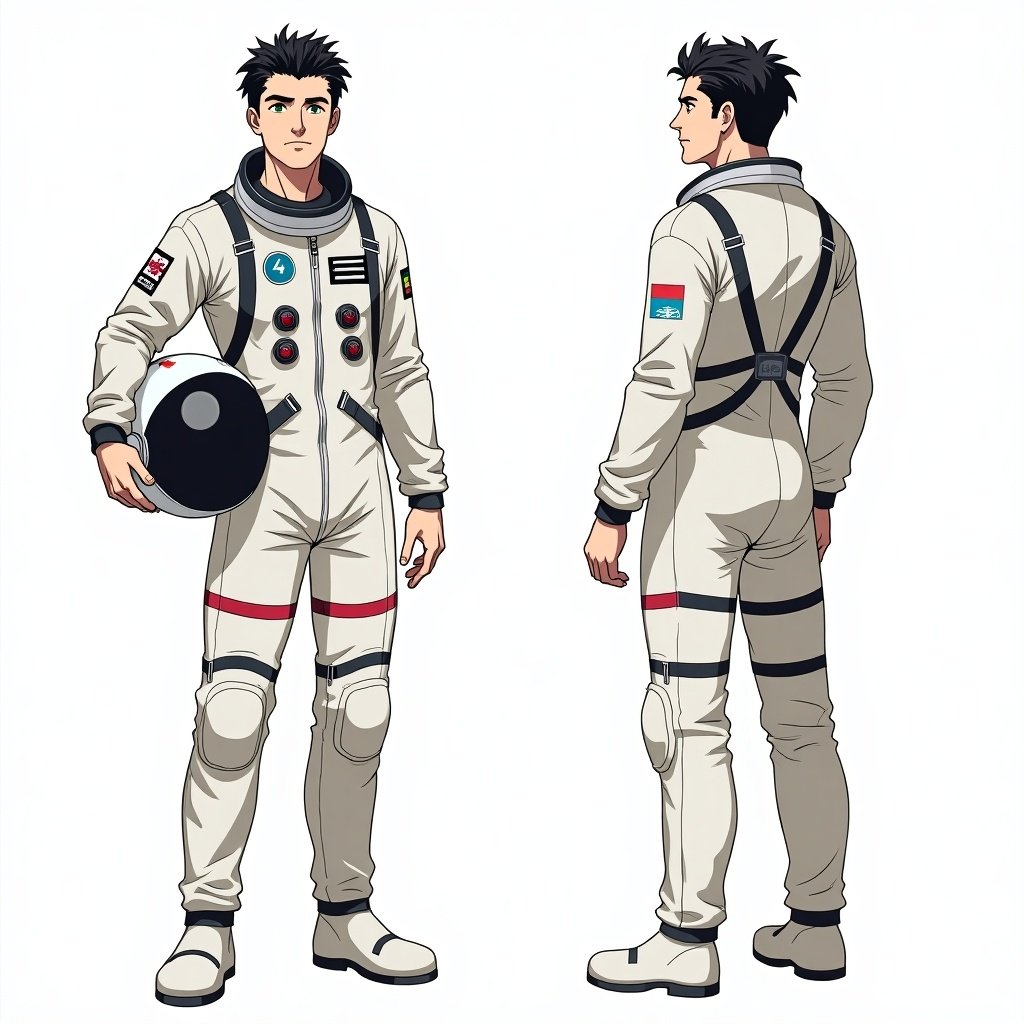 Character sheet in anime style. Middle-aged man in a space suit. He holds an astronaut helmet. Short cut and nicely styled black hair. Green eyes. Character displayed in front and back views.