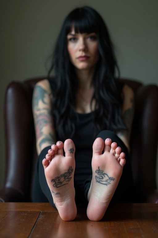 Image features a mature goth woman with long black hair showcasing her tattooed soles. She wears dark goth clothing. Sitting position with feet on table. Focus on feet and tattoos.