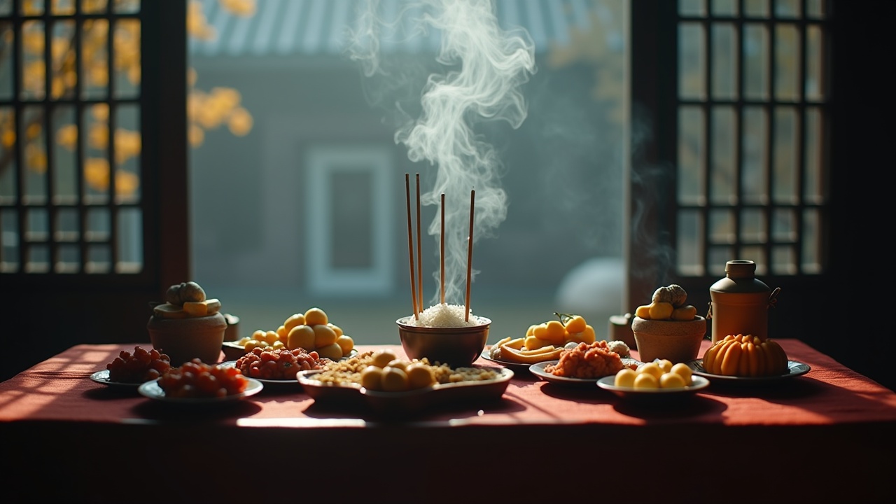 The scene captures a solemn moment of ancestor worship during the winter season. In the center, a table is adorned with an array of offerings that include fruits, cakes, and a bowl of steaming rice, embodying reverence for ancestors. Three incense sticks release delicate smoke, enveloping the scene in tranquility. The background subtly features the early winter landscape with withered yellow leaves and a pale sky, emphasizing the gravity of the occasion. The image’s dark tones and rich details evoke a contemplative and respectful mood, enhanced by cinematic color grading.