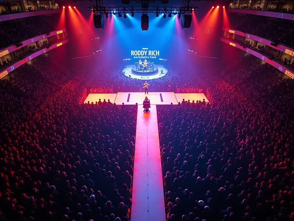 The image captures a vibrant performance by Roddy Rich at Madison Square Garden. The view is taken from a drone perspective, showcasing a large audience eagerly watching the concert. A T-stage runway extends into the crowd, enhancing the atmosphere of the event. Bright red and blue lights illuminate the stage, creating a dramatic effect. The backdrop features an illuminated sign featuring Roddy Rich's name, emphasizing his presence. The venue is packed, highlighting the artist's popularity.