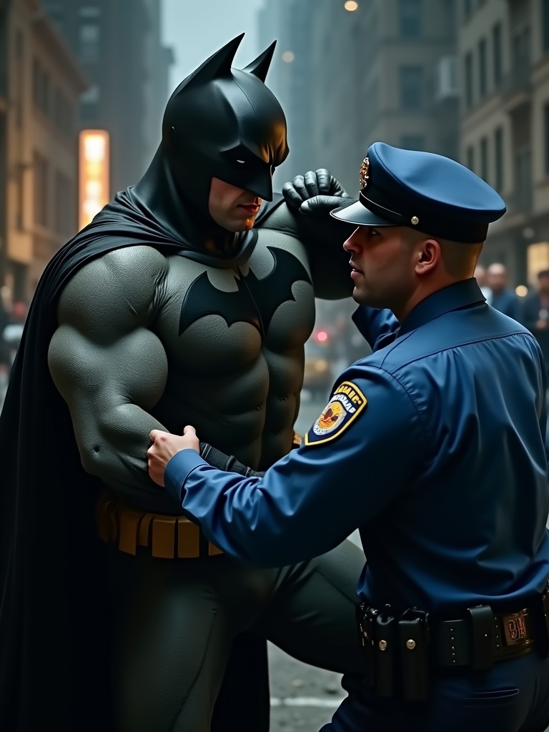 Batman's muscular costume and dark cape contrast with a police officer in blue uniform. Intense physical struggle occurs between them in a gritty urban environment. Background is dimly lit with shadows. Scene evokes drama and conflict.