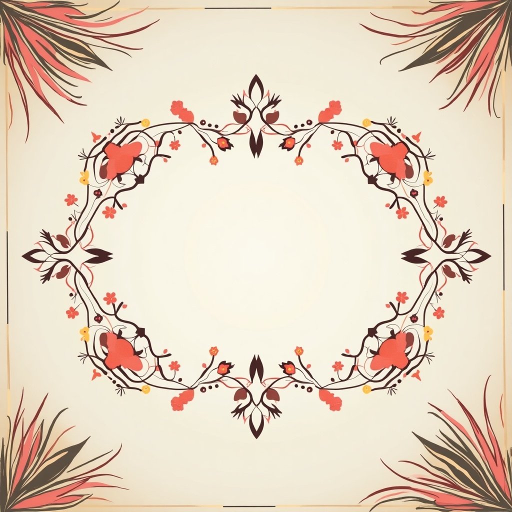 This is an elegant decorative design featuring a floral motif. It has vibrant red and soft yellow flowers intertwined with delicate vines. The design is symmetrical and frames a blank center space, making it perfect for a customizable gift card. The background is cream, providing a gentle contrast to the rich colors. This illustration can be utilized for various occasions such as weddings, birthdays, and greetings.