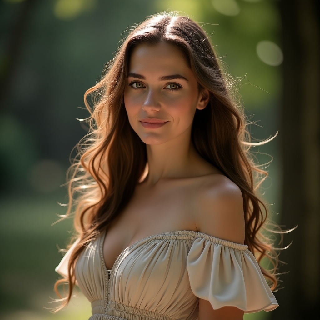 The image features a beautiful woman with long hair standing in a serene outdoor setting. She has an elegant off-shoulder dress that complements her natural beauty. The soft lighting highlights her facial features, giving her a gentle glow. Surrounded by nature, the scene evokes a sense of calm and serenity. This portrait captures a moment of grace and elegance, making it suitable for fashion and beauty contexts.